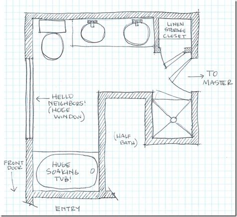 Master Bathroom Floorplan Sketch _ patti - when we start talking your master remodel, keep this layout in mind. Floor Plans Sketch, L Shaped Bathroom, Floor Plan Sketch, Affordable Bathroom Remodel, Bathroom Layout Plans, Bathroom Layout Ideas, Basement Bathroom Remodeling, Simple Bathroom Remodel, Cheap Bathroom Remodel