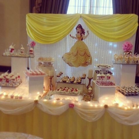 Bell Party Ideas Princess, Bella Birthday Party Ideas, Bell Birthday Party Ideas, Birthday Decorations Yellow, Dessert Tables Ideas, Belle Party Ideas, Princess Belle Party, Beauty And The Beast Birthday, Belle Birthday Party