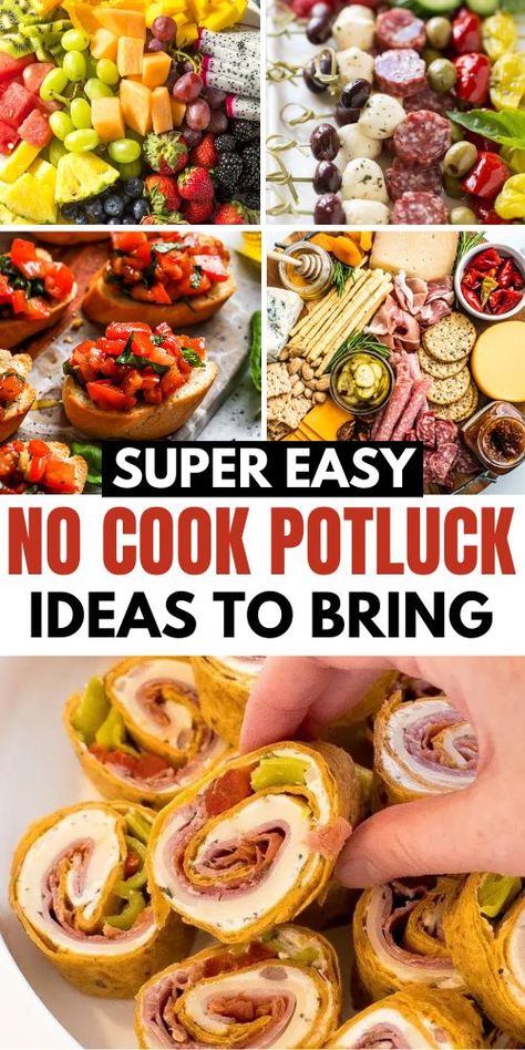 If you're wondering what to bring to a potluck without cooking, then you'll find the answer in this post all about easy no cook potluck ideas that everyone will love at your next office potluck or party! Popular Potluck Dishes, Mexican Potluck Recipes, School Potluck Ideas Kids, Camping Potluck Ideas, No Cook Potluck Ideas, Easy Pot Luck Ideas, Lunch Potluck Ideas, Potluck Main Dish Ideas, Work Potluck Ideas Easy