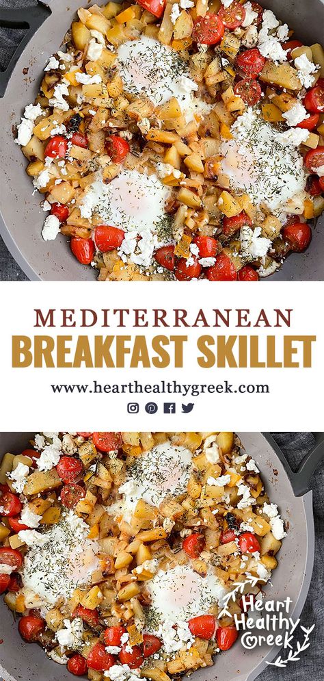 Mediterranean Diet Heart Healthy, Mediterranean Egg Recipes, Mediterranean Recipes Breakfast, Mediterranean Skillet, Mediterranean Breakfast Ideas, Healthy Hearty Breakfast, Healthy Greek Recipes, Mediterranean Diet Recipes Breakfast, Skillet Breakfast