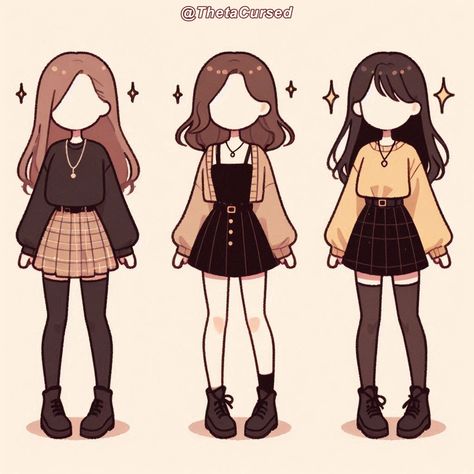 Cute Drawing Clothes Ideas, Cartoon Fashion Illustration, Asthetic Outifts Drawings, Cute Outfits Drawings Character Design, Cute Outfit Designs Drawing, Chibi Clothes Outfit, Cute Outfit Drawing Ideas, Fall Outfit Drawing, Kawaii Clothes Drawing