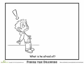 Worksheets: Finish the Drawing: What is he Afraid Of? Finish The Drawing, Fargelegging For Barn, School Social Work, Counseling Activities, Child Therapy, Drawing Activities, Art Therapy Activities, Drawing Prompt, Creative Drawing