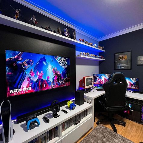 Teenage Gaming Room, Ps5 Bedroom Setup, Playstation Setup Bedroom, Ps5 Game Room, Teen Gaming Bedroom, Small Gamer Room, Small Game Room Ideas, Small Gaming Room Ideas, Sala Gamer