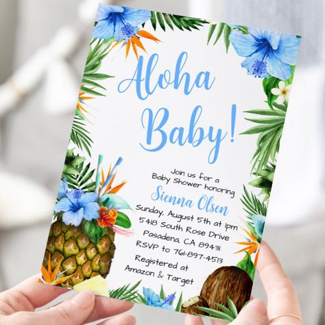 Hawaiian Baby Shower Theme Boy, Hawaiian Baby Shower Theme, Tropical Baby Shower Theme, Hawaiian Baby Shower, Hawaiian Baby Showers, Luau Invitations, Baby Gender Reveal Party Decorations, Luau Baby Showers, Hawaiian Party Decorations