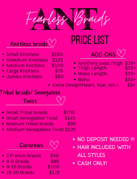 Prices For Braids, Hairstyle Price List, Hairstyle Prices, Instagram Hair Page Name Ideas, Braiding Price List, Hairstylist Price List, Braid Business, Braiding Business, Hair Salon Price List