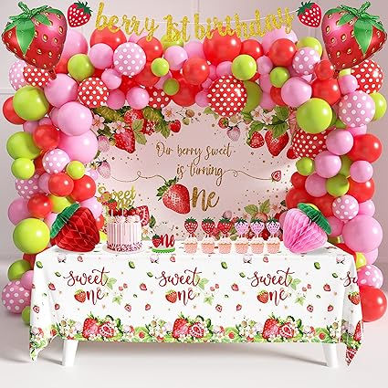 1st Birthday Decorations Girl, Tablecloth Banner, Strawberry 1st Birthday, Honeycomb Decor, Decor Balloons, Strawberry Shortcake Birthday, Berry First Birthday, Baby Birthday Themes, Strawberry Birthday