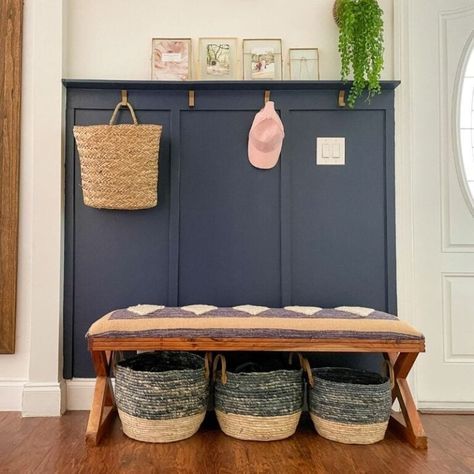 5 Mistakes To Avoid When DIYing Board And Batten Accent Walls + Entryways - The Confused Millennial Paneling In Entryway, Board And Batten Shoe Storage, Board And Batten Entry Wall With Hooks, Painted Board And Batten Entryway, Small Space Board And Batten, Board And Batten Mudroom Wall With Hooks, Easy Board And Batten Wall Entryway, Hallway Panelling With Hooks, Slate Blue Board And Batten