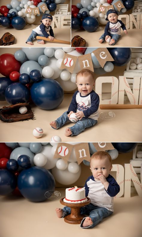 In-home cake smash photos by Little Dahlias Photography.  Rookie of the year, smiling one year old boy plays with baseballs, bat and glove wearing a baseball t-shirt and a backwards baseball cap.  Theres a beige backdrop with a red, white, navy, and light blue balloon garland, a burlap banner that says one with a baseball for the "o".  White Paper Mache letters with red baseball stitching on them spell out ONE.  The last photo the little boy is eating his baseball cake. Baseball Theme 1st Birthday Photoshoot, Baseball Cake Smash Photoshoot, Baseball Smash Cake Photoshoot, Rookie Year Cake Smash, Baseball First Birthday Cake Smash, Baseball Cake Smash Pictures, Rookie Of The Year First Birthday Cake Smash, Cake Smash Baseball Theme, Rookie Year First Birthday Photoshoot