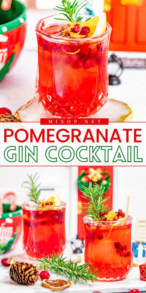 Indulge in the vibrant flavors of this Pomegranate Gin Cocktail recipe! This easy holiday drink boasts a vibrant red hue, mixing pomegranate juice, gin, orange juice, lime, and simple syrup. It’s a delightful Christmas cocktail for your celebrations! Pomegranate Spritzer Alcoholic, Pomegranate Holiday Cocktails, Pomegranate Juice Cocktails, Pomegranate Drinks Cocktails, Fun Christmas Cocktails, Christmas Themed Drinks, Easy Christmas Drinks, Pomegranate Gin, Pomegranate Drinks