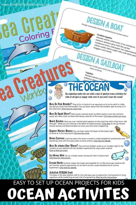 Ocean Printables and Activities Kids will Love. Does your child love to learn about the ocean and all things related to summertime? Spark their imagination and creativity with these fun ocean activities. A great way to keep your kids entertained and learning this summer, elementary aged kids will love learning more about the ocean and the animals that live in the deep waters. Fun projects and coloring pages for kids.  #SummerFun #KidActivities #SummerActivities Ocean Worksheets, Ocean Science Activities, Ocean Printables, Fun Printable Activities, Simple Stem Activities, Outdoor Science, Ocean Ecosystem, Ocean Unit, Ocean Science