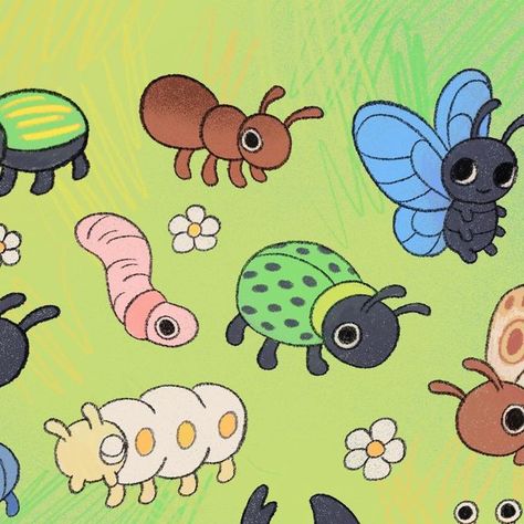 Animal Friends Illustration, Bug Drawing Cute, Cute Bugs Illustration, Beetle Art Illustration, Cute Bug Illustration, Cute Bug Drawing, Bugs Illustration, Cartoon Bugs, Bug Illustration