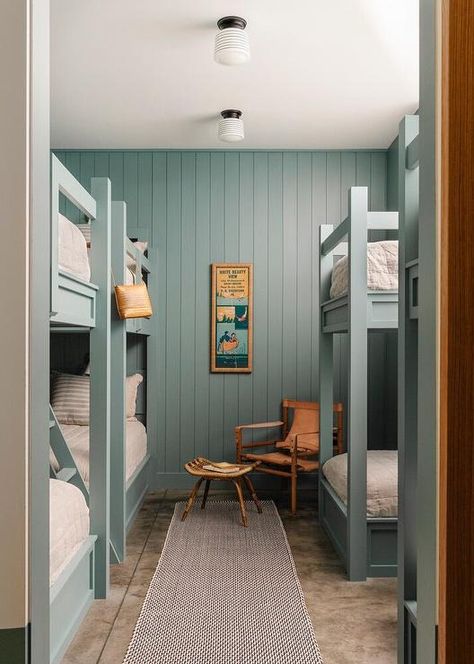 Blue Bunk Beds with Blue Shiplap Trim - Cottage - Bedroom Sw Moody Blue, Lake House Bunk Rooms, Lakehouse Living Room, Blue Bedroom Paint, Shiplap Trim, Beach Dream House, Blue Kids Room, Black Floor Tiles, Built In Bunks