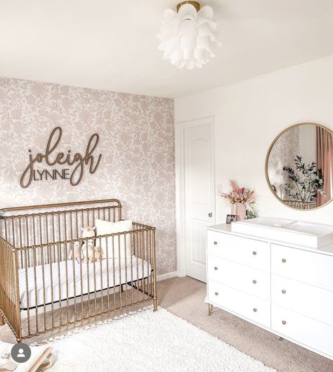 stunning elegant pink nursery with wooden name sign from Mod Wood Co 42" size joleigh-lavender font, walnut stain LYNNE- daffodil font, walnut stain Iron Crib Nursery, Gold Crib Nursery, Metal Cribs, Gold Baby Nursery, Iron Crib, Elegant Nursery, Wooden Nursery, Personalized Nursery Decor, Gold Nursery