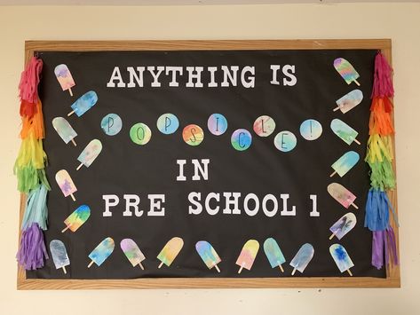 Welcome To School Bulletin Boards Preschool, Popsicle Bulletin Board Ideas, Popsicle Bulletin Board, Preschool Bulletin Board, School Watercolor, Bulletin Ideas, Preschool First Day, Bullentin Boards, Prek Classroom