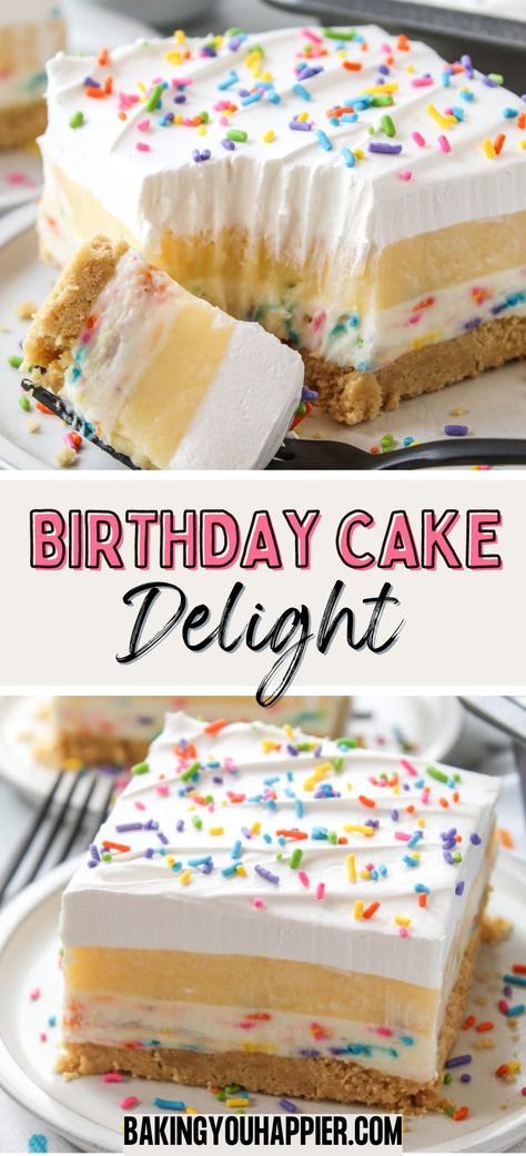 Birthday Cake Delight, a delicious layered dessert that easily stands in place of traditional birthday cake! Savory Birthday Cake Alternatives, Clean Birthday Cake, Healthy Birthday Cake Alternatives, Traditional Birthday Cake, Healthy Birthday Cake, Healthy Smash Cake, Birthday Cake Alternatives, Cheap Desserts, Healthy Birthday Cakes