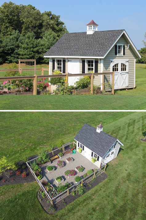 Garden Shed House, How To Set Up A Garden, Garden Set Up, Garden Set Up Ideas, Colonial Shed, Shed In Garden, Garden Shed With Greenhouse, Shed With Garden, Garden With Shed