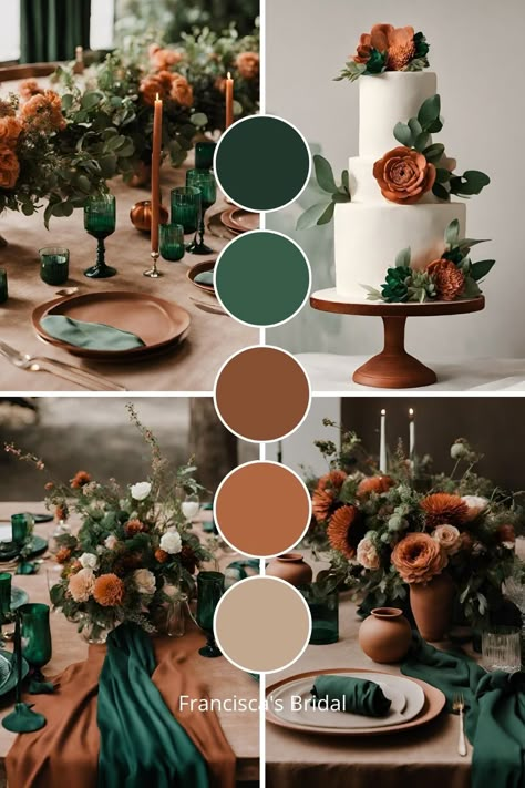 Summer Wedding Terracotta, Hunter Green Wedding Theme Color Schemes, Fall Wedding Color Palette Green, 2024 Wedding Colors Spring, Orange And Forest Green Wedding, Emerald Terracotta Wedding, Sage And Terra Cotta Wedding Decor, Rustic Colors Palette, Rustic Wedding Colours