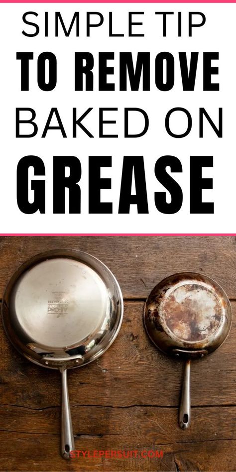 Those stubborn grease stains are not just unpleasant to look at. Click to discover the simple way to get rid of baked-on grease and save your pots and pans. Remove Grease Stain, Grease Remover, Grease Cleaner, Burnt Food, Best Cleaner, Clean Pots, Grease Stains, Cleaning Spray, Diy Home Repair