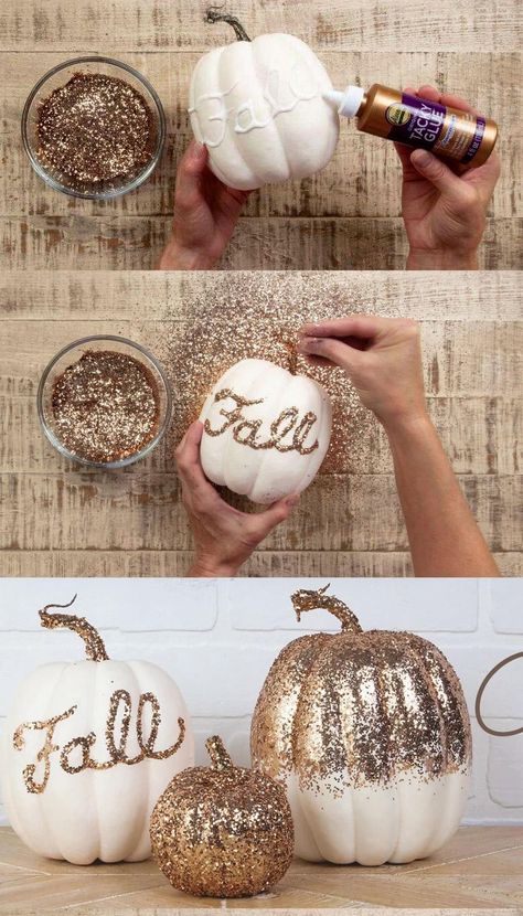 50+ Best no carve Pumpkin decorating ideas. Make easy Halloween crafts for kids & adults, & creative fall & Thanksgiving decor with pumpkins! - – A Piece of Rainbow, decorations, arts & crafts, autumn, farmhouse, animals, Disney, nature, boho, decoupage, painting, painted Herbst Bucket List, No Carve Pumpkin Decorating, Diy Halloween Decor, Diy Glitter, Glitter Pumpkins, Fall Thanksgiving Decor, Fall Deco, Fall Halloween Crafts, Fall Crafts Diy