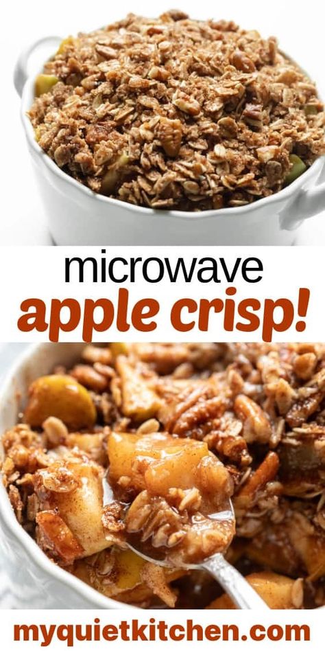 Microwave apple crisp truly is one of the BEST microwave desserts there is. It tastes just as amazing as oven-baked and takes only 5 minutes to prepare! Use this recipe to make an individual apple crisp in a mug, or scale it up to 5 times to serve a group! With the warm, cinnamon-spiced apples and crunchy oat and pecan topping, everyone's going to love it! Bonus: it's vegan, gluten-free, and made without refined flour. Single Desserts, Microwave Apple Crisp, Microwave Apple, Quick Apple Dessert, Microwave Apples, Heart Sweets, Microwave Dessert, Healthy Apple Crisp, Microwave Baking