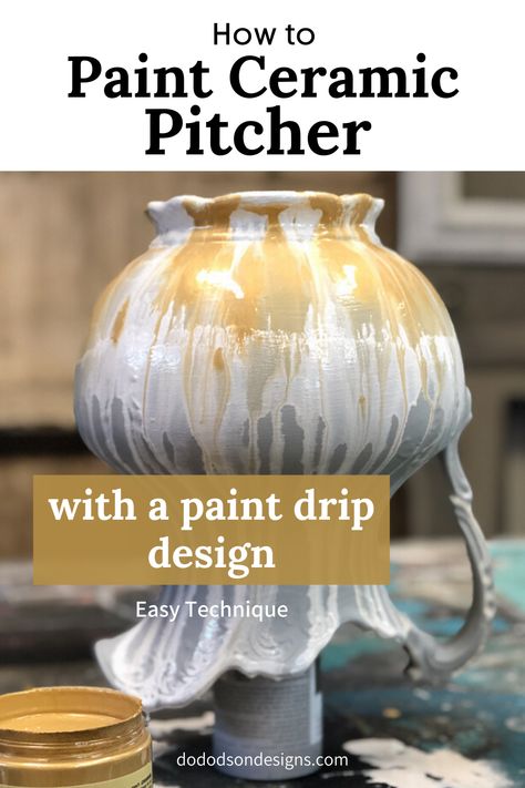 How To Paint A Ceramic Pitcher Quick And Easy Repaint Ceramic Pot, Paint Ceramic Pots, Paint Ceramic Vase, Paint Drip Design, Ceramic Vases Diy, Antique Ideas, Decor Makeover, Easy Diy Home Decor, Paint Ceramic