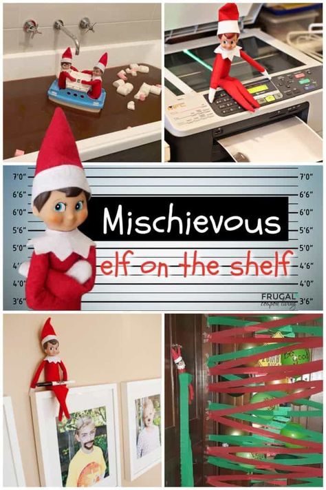 Do you have an elf that loves a little mischief and antics? This elf might just get in trouble but of course he is watching for your child to be nice. Foolish, Outrageous, & Amusing Fun! Enjoy these Mischievous Elf on the Shelf Ideas. A little naughty, but mostly humorous nice! New Elf on the Shelf ideas daily plus free Elf on the Shelf printables. #FrugalCouponLiving #ElfontheShelf #ElfontheShelfIdeas #ElfIdeas #funnyelfideas #funnyelfontheshelf #ElfonaShelf #ScoutElfIdeas In Appropriate Elf On The Shelf, Elf On Shelf Mirror Ideas, Crazy Elf On The Shelf Ideas Easy, Elf On The Shelf Plane, Leg On The Shelf Ideas, Elf On The Shelf Shenanigans, Hilarious Elf On The Shelf Ideas Pranks, Mischief Elf On The Shelf Ideas, Tiny Elf On The Shelf Ideas