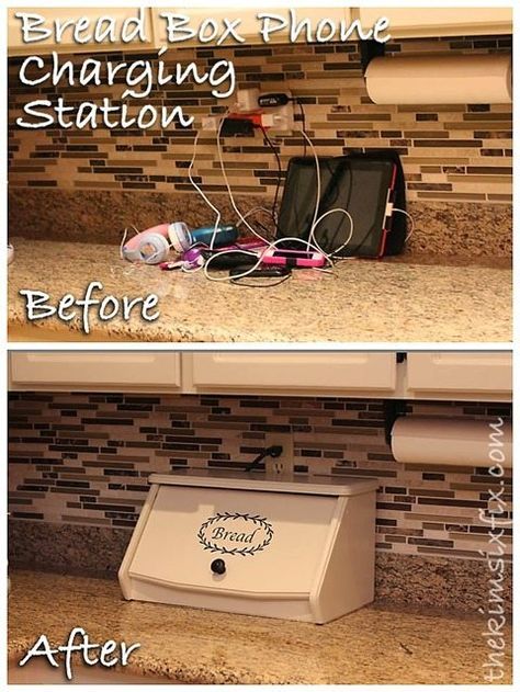 breadbox-charging-station Electronics Charging Station, Charging Station Ideas, Electronic Charging Station, Phone Charging Station, Hide Cords, Up House, Under Cabinet, Phone Charging, Electronics Projects