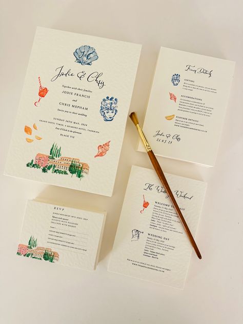 A beautiful collaboration with Ten Story Stationery and Natasha Howie, Artist. This suite is perfect if you wanting something truly unique. Included in this suite is 5x hand painted water colour illustrations. Every water colour illustrations you see in this example must be swapped with paintings of your choice to tie in with your wedding. You must add these to your cart separately if you purchasing this suite. Weekend Wedding Invitations, Destination Wedding Invitation Suite, Hand Painted Wedding Invites, Bright Wedding Stationery, Hand Painted Stationary, Hand Painted Wedding Stationery, Spring Wedding Save The Date, Watercolor Wedding Stationery, Colourful Wedding Invitations