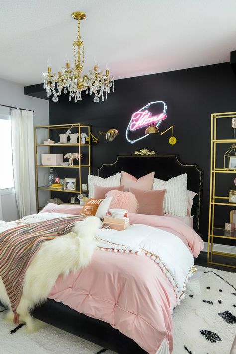 10+ Dreamy Basement Bedroom Ideas to Transform Your Space - Vividly Aesthetic Teen Room Wallpaper Accent Wall, Black Wall Gold Accents, Gold And Black Room Ideas, Pink Gold Black Bedroom, Black Gold And Pink Bedroom, Black And Pink Interior Design, Black Pink Gold Bedroom, Black Pink And Gold Bedroom, Teen Accent Wall Bedroom