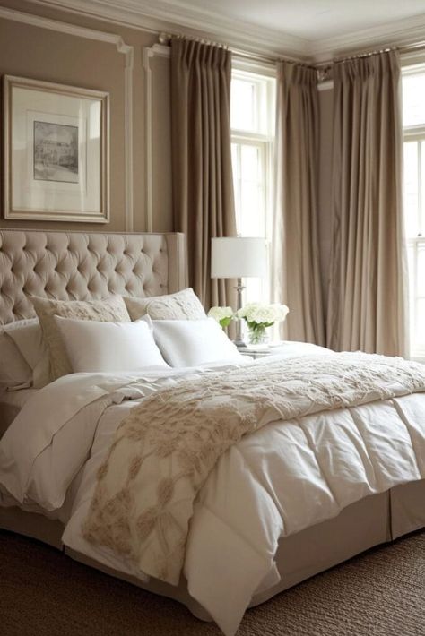 25 Captivating Brown and White Bedroom Ideas You’ll Love Beige Brown Bedroom, Brown And White Bedroom Ideas, Brown And White Bedroom, White And Brown Bedroom, Cream And White Bedroom, Beige Bedroom Decor, Soothing Bedroom, Beige Room, White Bedroom Ideas