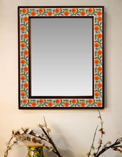 Marigold Design, Tile Mirror Frame, White Glass Tile, Tile Mirror, Colored Mirror, Glass Theme, Handmade Mirrors, Green Glassware, Marigold Flower