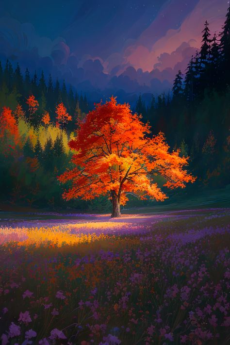 Orange Tree Art, Tree Digital Art, Meadow Art, Orange Landscape, Autumn Artwork, Standing Alone, Orange Tree, Beautiful Locations Nature, Beautiful Images Nature