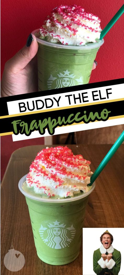 How to order the Buddy The Elf Frappuccino at Starbucks! #buddytheelf #frappuccino #starbuckssecretmenu #starbucks #starbucksdrinks Frappuccino Starbucks, Starbucks Holiday Drinks, Peppermint Syrup, Starbucks Drinks Diy, Secret Starbucks Recipes, Iced Starbucks Drinks, Secret Starbucks Drinks, Secret Menu Items, Starbucks Secret Menu Drinks