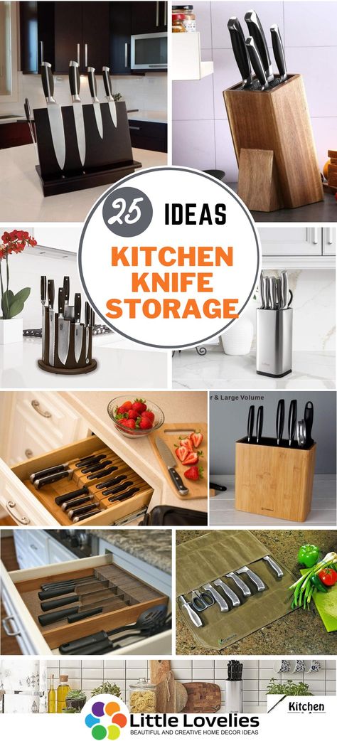 Storing your kitchen knives with the ideas listed in this article keeps you and your family safe from knife hazards, it also adds beauty to the kitchen.  We have listed for you 25 of the best Kitchen knife storage ideas that would probably amaze you. Knife Storing Ideas, Kitchen Organization Knifes, Knife Holders For Kitchen, Kitchen Knife Holder Ideas, How To Store Knives, Knives On Kitchen Counter, Kitchen Knives Storage Ideas, Store Knives In Kitchen, Knife Storage Diy