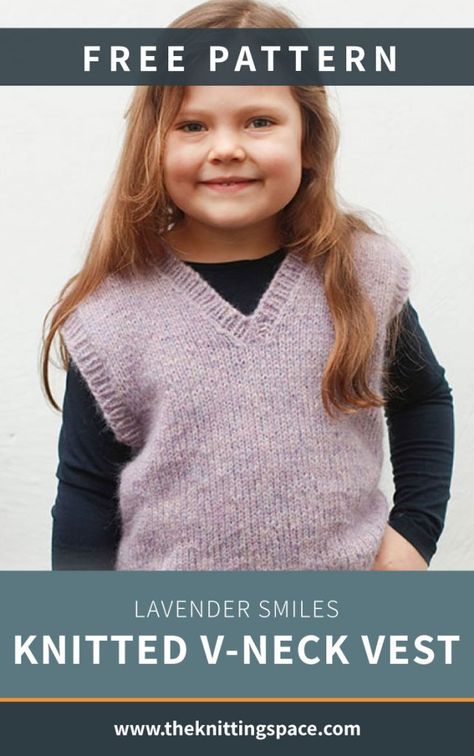 Lavender Smiles Knitted V-Neck Vest  [FREE Knitting Pattern] Crochet Baby Vest Free Pattern, Crochet Baby Vest, Vest Free Pattern, Free Childrens Knitting Patterns, Cardigan Tutorial, Knit Vest Pattern Free, Knitting Space, Easy Baby Knitting Patterns, Crochet Cardigan Tutorial