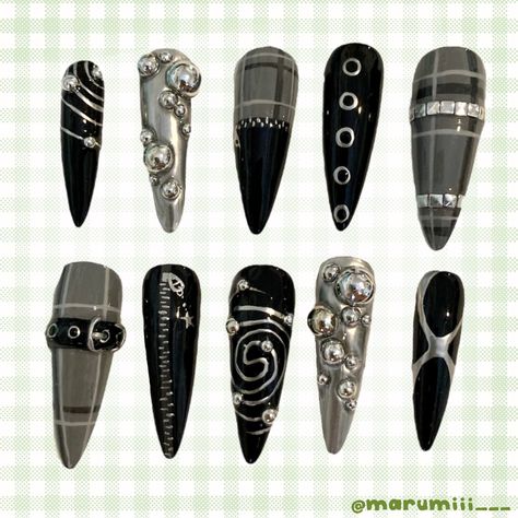 ★All press ons are made to order, please allow up to 2 weeks to receive your set! ★Every nail set is hand-painted with gel polish, please understand if the nails you receive are not a complete replica of the photos! I will try my best though! ★Nail sizes XS: 14mm, 11mm, 12mm, 10mm, 8mm S: 15mm, 12mm, 13mm, 11mm, 9mm M: 16mm, 12mm, 13mm, 11mm, 9mm L: 18mm, 13mm, 14mm, 12mm, 10mm Please follow the instructions on how to measure your nails.  For custom sizes, leave measurements in personalization box at checkout! ★Each package includes -10 nails of your size -Storage box -Cuticle pusher -Nail Glue -Buffing block -Alcohol wipe -Sheet of adhesive tabs ★How to apply your set -Push back cuticles with pusher -Buff surface of nail with buffing block until the nail is matte -Wipe oil and dust with a Ongles Goth, Nails With Chrome, Medium Stiletto, Punk Nails, Goth Nails, Grunge Nails, Dream Outfits, Pretty Gel Nails, Press Ons