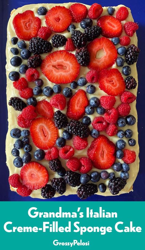 My childhood summers were spent eating Grandma’s sponge cake: She would always serve it chilled, and the cold Italian cream was especially refreshing in the hot summer air. Grandma, of course, wanted nothing more than to see me eat, and she found great success with this cake. #spongecake #italiandessert #summerdessert #berries #italiancreme Cake With Custard Filling, Cake With Custard, Italian Sponge Cake, Rainbow Bread, Roasted Pistachios, Sponge Cake Recipe, Italian Cream, Sponge Cake Recipes, Custard Filling