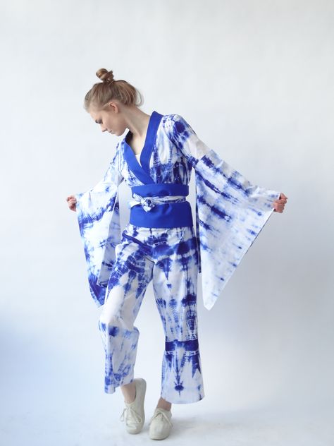 Shibori Outfit, Shibori Fashion, Shibori Clothing, Kimono Jumpsuit, Shibori Dress, Jumpsuit Design, Tie Dye Fashion, Batik Fashion, Designer Jumpsuits