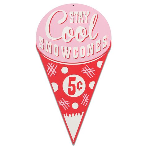 PRICES MAY VARY. Open Road Brands Official product: Relive the sweet nostalgia of childhood with this eye-catching wall decor! In pretty pink and red tones, this sweet sign is sure to instantly transport you back in time. Fun Vintage Sign: Across a classic snow cone design are the phrases, "Stay Cool," "Snowcone," and, "5 cents!" Your one-of-a-kind home will be brimming with sweet memories when you add this unique sign to the mix. Material: This unique decor is made of lightweight, weather-resis Vintage Sign Lettering, 50s Diner Decor, Bar Necessities, Atomic 50s, 50s Kitchen Decor, Wordmark Design, 60s Decor, Retro Signage, Diner Sign