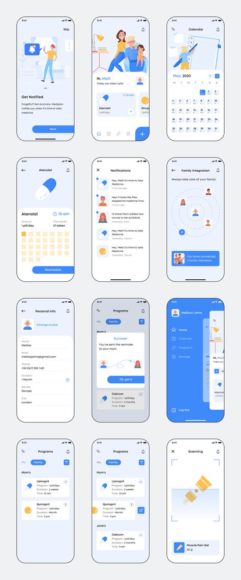 Medicine Reminder App, App Wireframe, Health App Design, Website Design Ideas, Health Application, Medical App, Desain Ui, Mobile App Design Inspiration, App Interface Design