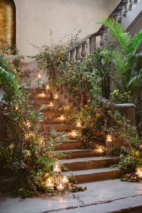 Real Wedding | Isabel + Joey Indoor Wedding Flowers, Boho Lobby, Flower Field Wedding, Staircase Flowers, Champagne Picnic, Mexico City Wedding, Greek Christmas, At Home Wedding, Garden At Home