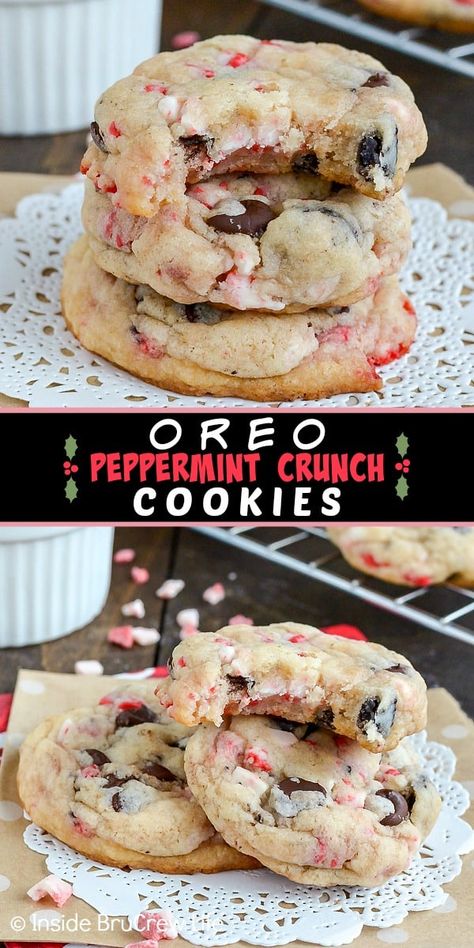 Peppermint Crunch Cookies, Cookies Peppermint, Peppermint Crunch, Crunch Cookies, Cookies And Cream Cake, Christmas Baking Recipes, Dessert Party, Crinkle Cookies, Oreo Cookie