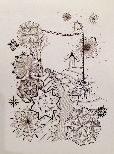 Winter Zentangle Ideas, Winter Zentangle, Zentangle Designs, Doodle Art Designs, Doodle Drawings, Compass Tattoo, Art Journaling, Doodle Art, Art Designs