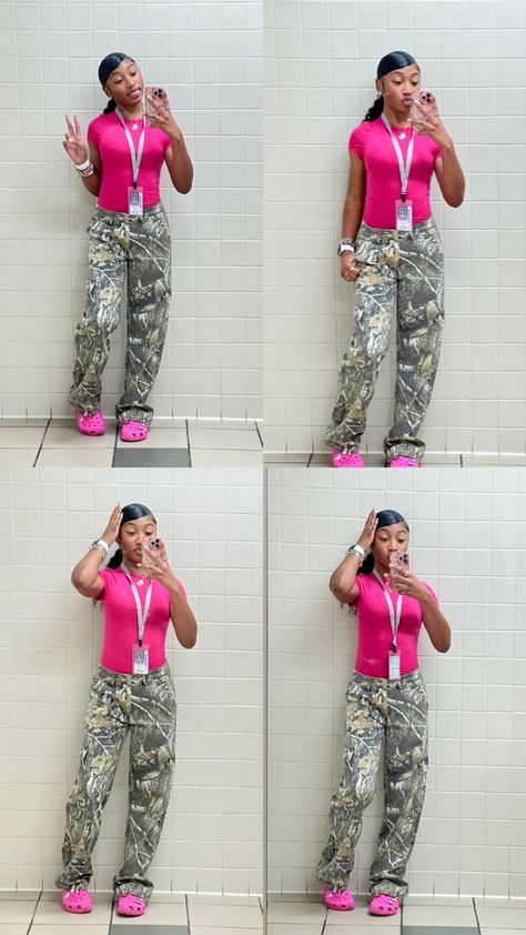 School Outfits For Birthday, Pink Shirt With Camo Pants, Pink Camo Pants Outfit, Pink Back To School Outfits, Camo Pants Outfit Baddie, Baddie Fits For School, How To Style Camo Pants, Cute Highschool Outfits, Teen Swag Outfits