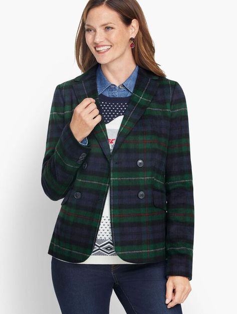 Shop Talbots for modern classic women's styles. You'll be a standout in our Brushed Wool Double Breasted Blazer - only at Talbots! Wool Blazer Outfit Women, Wool Blazer Outfit, Office Wear Women, Winter Plaid, Classic Style Women, Breasted Blazer, Plaid Blazer, Double Breasted Blazer, Jacket Design