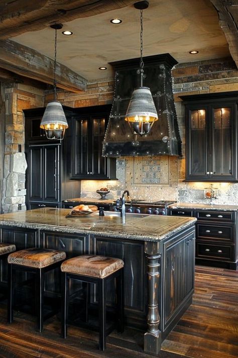 Black Western Kitchen, Western Kitchen Ideas, Interior Design Western, Mexican Hacienda Kitchen, Black Distressed Cabinets, Black Farmhouse Kitchen, Modern Western Home Decor, Hacienda Kitchen, Styled Kitchen