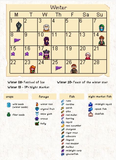 Stardew valley Stardew Valley Crops Seasons, Stardew Birthdays, Stardew Valley Seasons, Stardew Valley Winter Fish, Stardew Valley Random Seed, Stardew Valley World Seeds, Stardew Valley Events, Stardew Valley Winter Farm, Stardew Valley Community Center Checklist