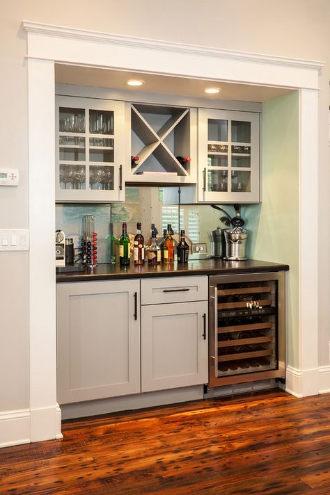 Built in storage, fridge, china display up top.  House of Turquoise: Renewal Design-Build Basement Kitchenette, Closet Bar, Dining Room Hutch, Herringbone Backsplash, Built In Bar, House Of Turquoise, Small Basements, Home Bar Designs, Wet Bars