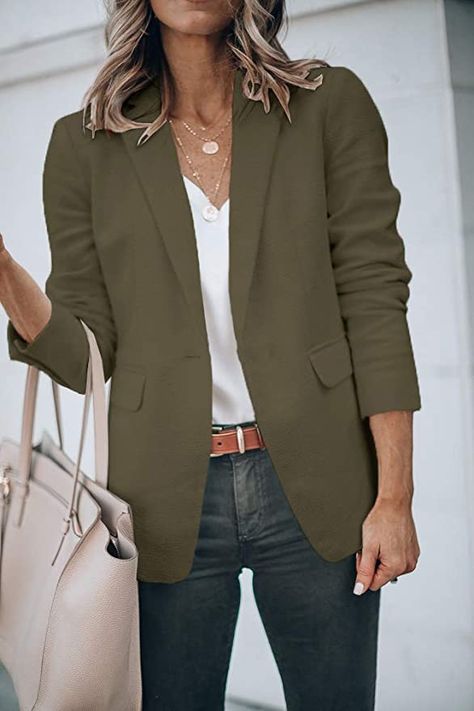 Open Front Long Sleeve Work Office Jackets Blazer Olive Green Blazer Outfit, Green Blazer Outfit, Olive Blazer, Olive Green Blazer, Casual Blazer Women, Blazer Outfits For Women, Blazer Jackets For Women, Green Blazer, Casual Work Outfits