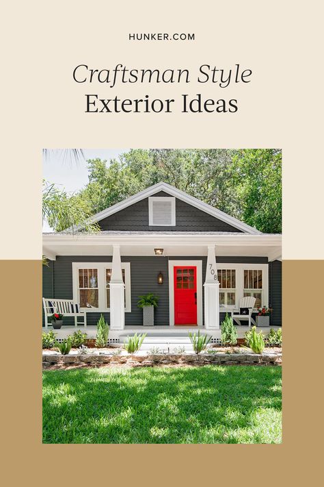 The craftsman style home makes for a charming and timeless space, both inside and outside your home. Check out our inspiration guide for creating your dream craftsman home, starting with the exterior. #hunker #craftsmanhome #craftsmanexterior #craftsmanarchitecture Craftmans Style House Exterior Paint, Arts And Crafts Bungalow Exterior, Craftmans Style House, Craftsman Exterior Colors Schemes, Craftsman Style Homes Exterior Color, Craftsman House Colors, American Craftsman House, Modern Craftsman Style Homes, Craftsman House Exterior